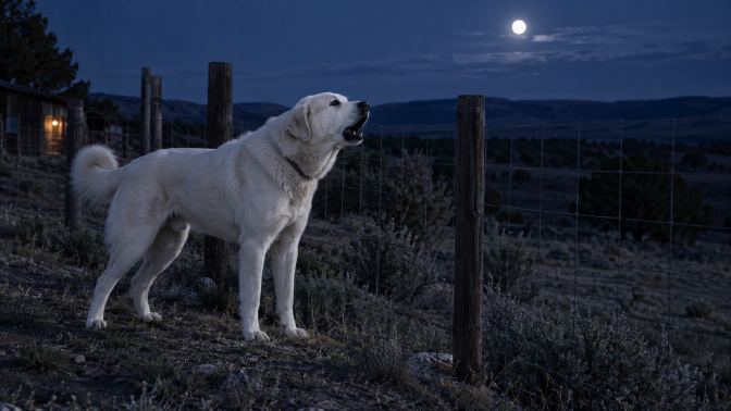 A white Akbash dog barking toward open country at night from inside a fence line