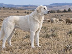 A white Akbash dog standing alert in a dry pasture with sheep grazing behind it