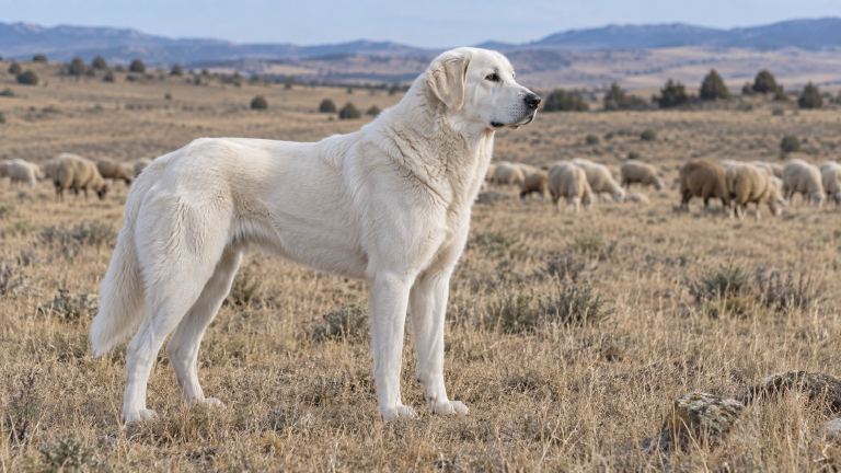 A white Akbash dog standing alert in a dry pasture with sheep grazing behind it