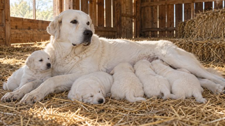 An Akbash mother dog lying in a barn with a litter of white puppies around her