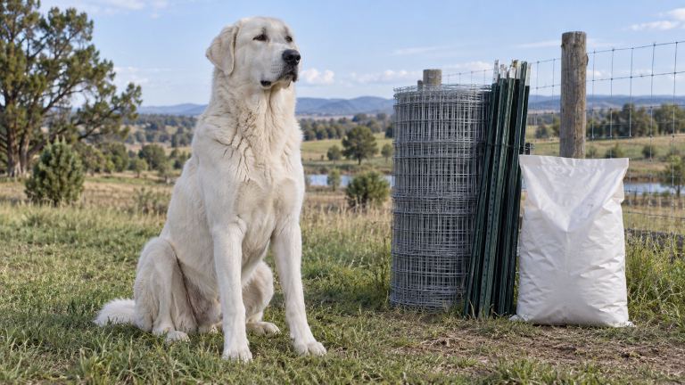 A large white Akbash dog sitting beside a stack of fencing materials and a bag of dog food