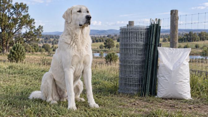 A large white Akbash dog sitting beside a stack of fencing materials and a bag of dog food
