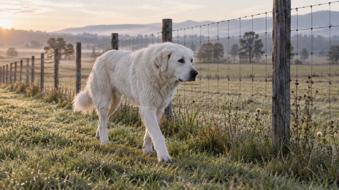 A white Akbash dog walking slowly along the inside of a field fence in early morning light