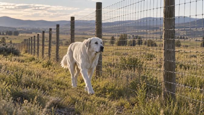 A tall stock fence running along a rural property boundary with a white Akbash patrolling inside it