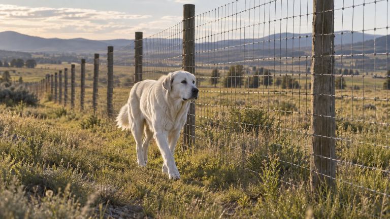 A tall stock fence running along a rural property boundary with a white Akbash patrolling inside it