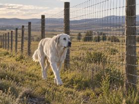 A tall stock fence running along a rural property boundary with a white Akbash patrolling inside it
