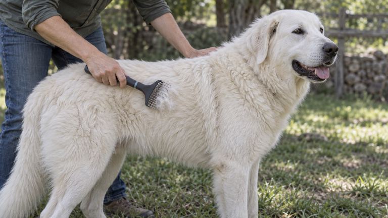 An undercoat rake pulling loose white fur from the thick coat of an Akbash dog outdoors