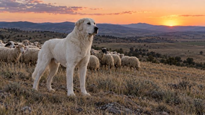 A white Akbash dog standing between a flock of sheep and open country at dusk