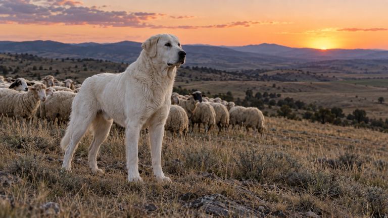 A white Akbash dog standing between a flock of sheep and open country at dusk