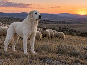A white Akbash dog standing between a flock of sheep and open country at dusk