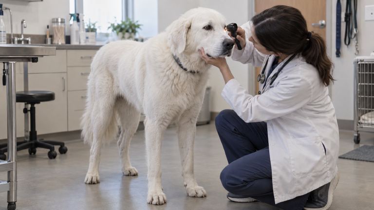 A veterinarian examining the eye of a large white Akbash dog on a clinic floor