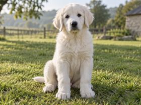 A fluffy white Akbash puppy sitting in grass with oversized paws