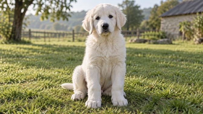 A fluffy white Akbash puppy sitting in grass with oversized paws