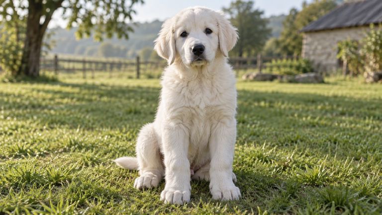 A fluffy white Akbash puppy sitting in grass with oversized paws
