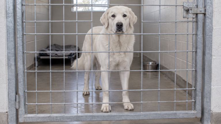 A large white Akbash-type dog looking through a shelter kennel door