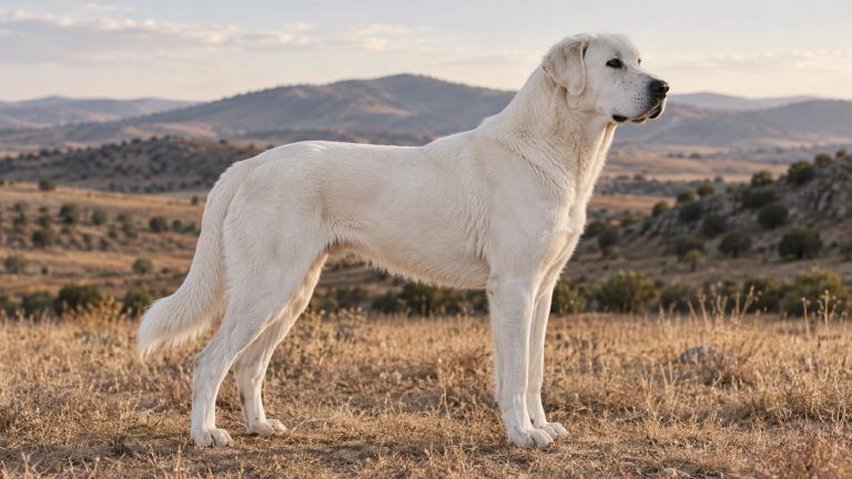 A white Akbash dog standing square in full side profile on dry grass