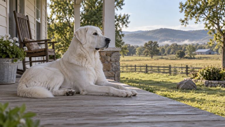 A white Akbash dog lying calmly on a porch while watching something in the distance