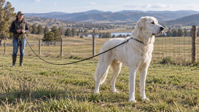 An adolescent Akbash on a long line in a fenced field, looking away from its handler toward the horizon