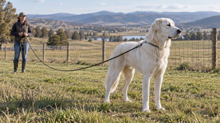 An adolescent Akbash on a long line in a fenced field, looking away from its handler toward the horizon