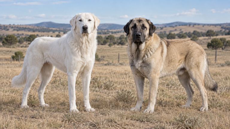 A white Akbash and a fawn Anatolian Shepherd with a dark mask standing in the same field