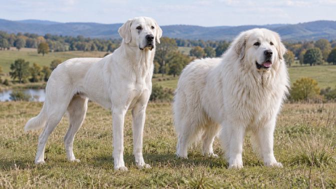 A lean white Akbash standing next to a heavier-coated Great Pyrenees in a pasture