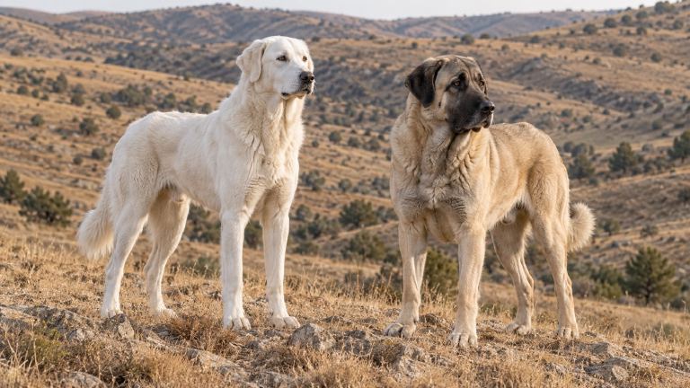 A white Akbash and a fawn black-masked Kangal standing together on a dry hillside