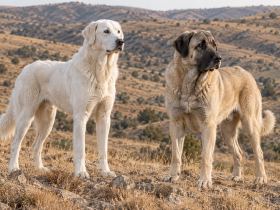 A white Akbash and a fawn black-masked Kangal standing together on a dry hillside