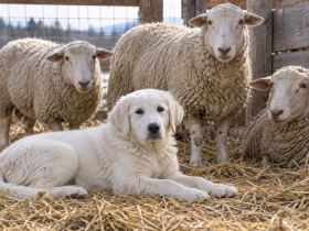 A white Akbash puppy lying in straw beside several calm ewes in a small pen