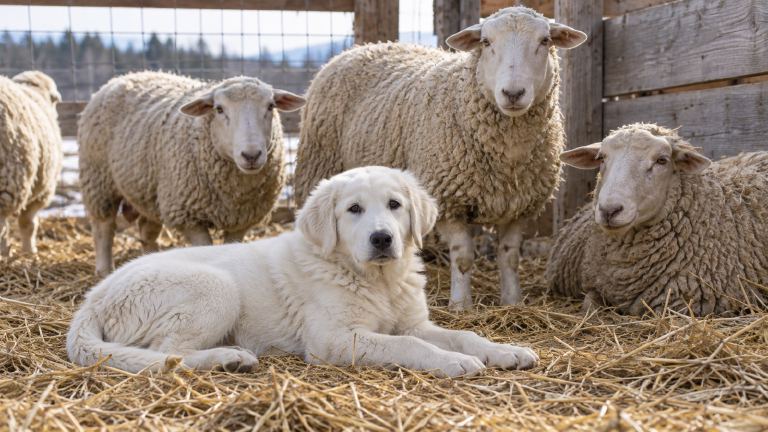 A white Akbash puppy lying in straw beside several calm ewes in a small pen