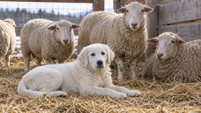 A white Akbash puppy lying in straw beside several calm ewes in a small pen