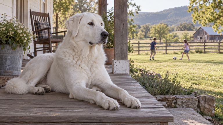 A white Akbash dog lying on a farmhouse porch while older children play in the yard behind it