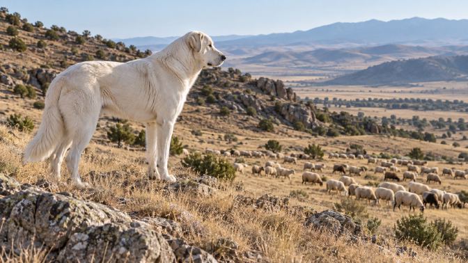 A lone white Akbash dog standing on a hillside above a flock of sheep