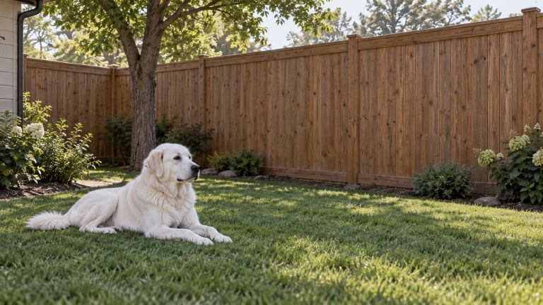 Solid fence panel blocking a dog's view of a neighboring sidewalk