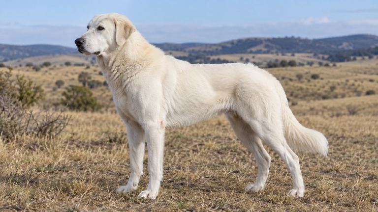Adult white Akbash dog standing in profile showing its long legs and deep chest