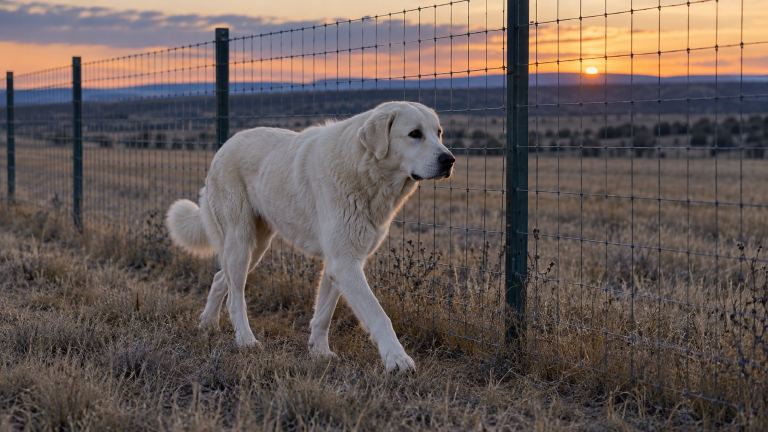 Akbash dog walking a fence line at dusk in a rural property
