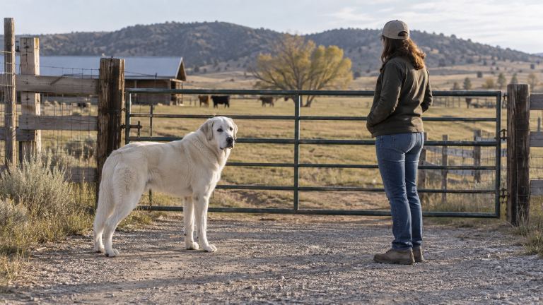 Adult Akbash dam standing calmly beside a visitor at a ranch gate
