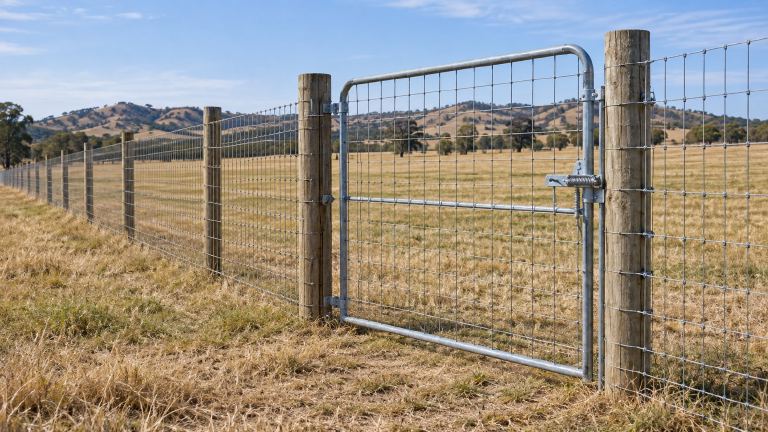 Newly installed tall wire fence with a self-closing gate on a rural property