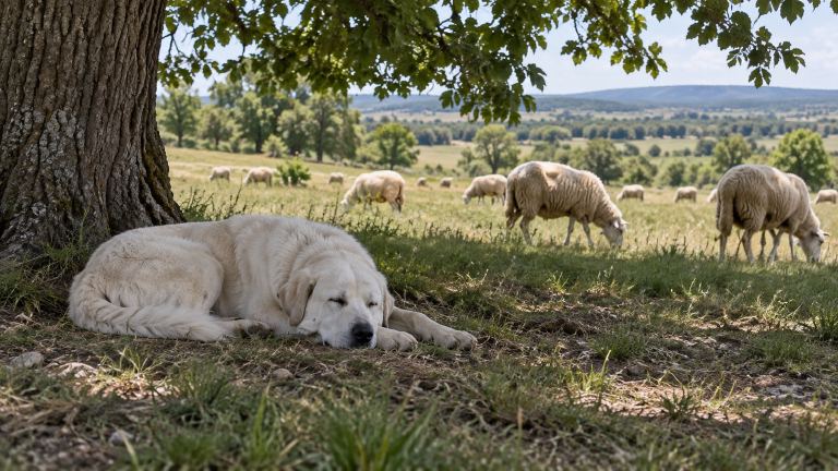 Adult Akbash asleep in the shade with sheep grazing nearby at midday