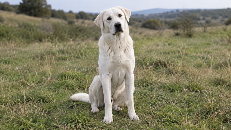 Akbash dog sitting and looking at the camera with its head slightly tilted
