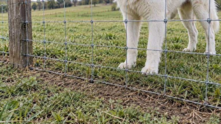 Close view of a fence line where the wire meets the ground with no gap