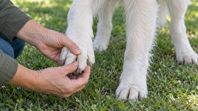 Hands checking between the toes of a large white dog for burrs and grass seeds