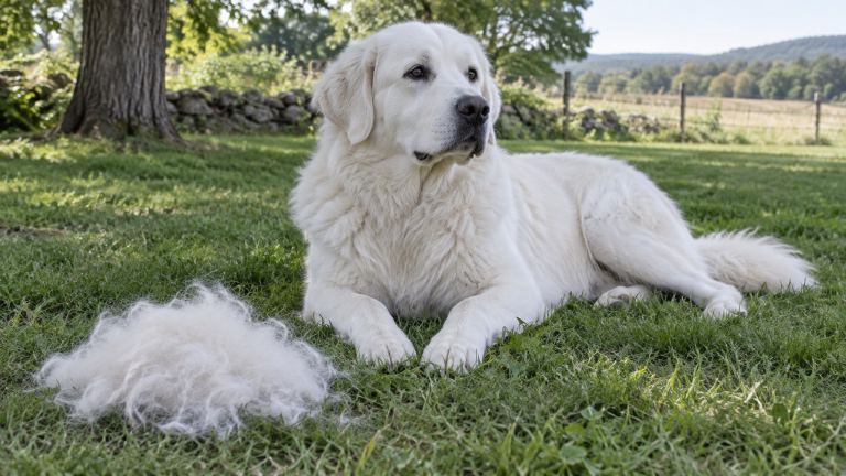 Pile of shed white undercoat beside an Akbash dog after a brushing session