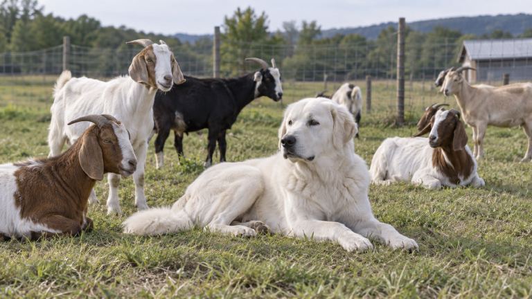 Young Akbash dog lying among goats in a training pasture