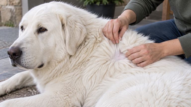 Owner parting the thick white coat of an Akbash to check the skin underneath