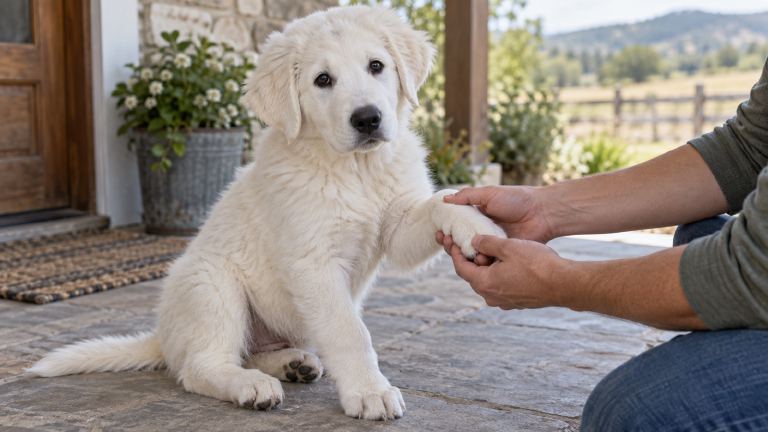 Akbash puppy having its front paw gently held during a handling session