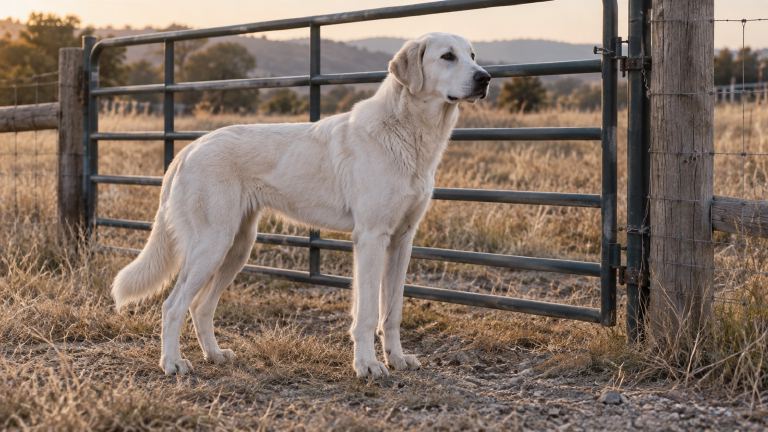 Lanky adolescent Akbash dog standing at a farm gate