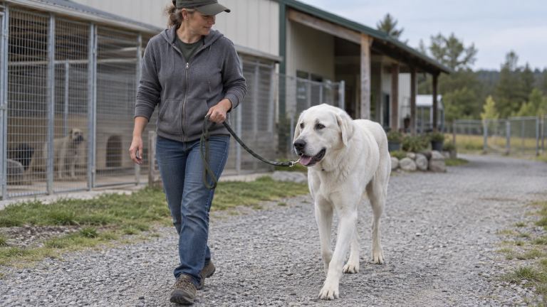 Volunteer walking a large white guardian dog on leash outside a rescue kennel