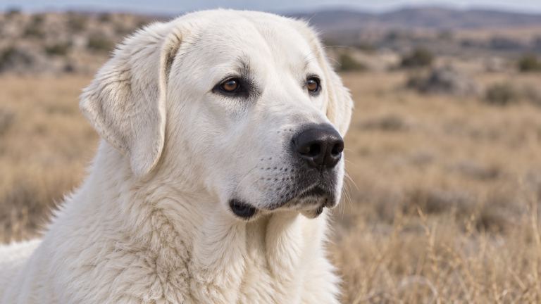 Close head study of a white Akbash showing dark pigment on the nose and eye rims