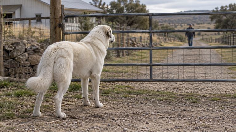 Akbash dog standing at a gate watching an approaching visitor