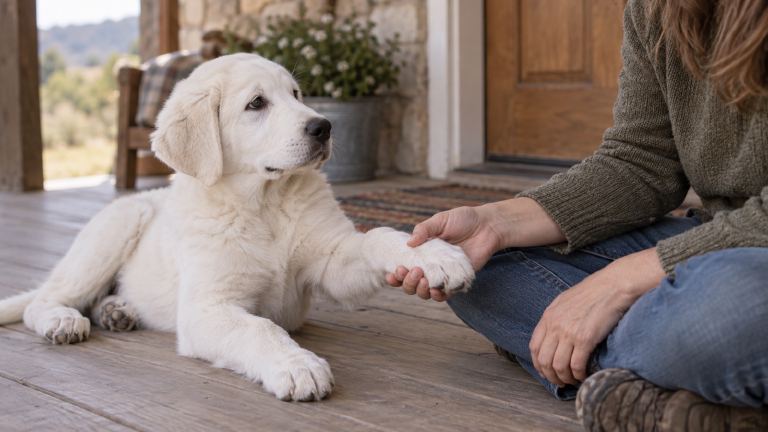 Owner handling the front paw of a young Akbash puppy during a calm training session